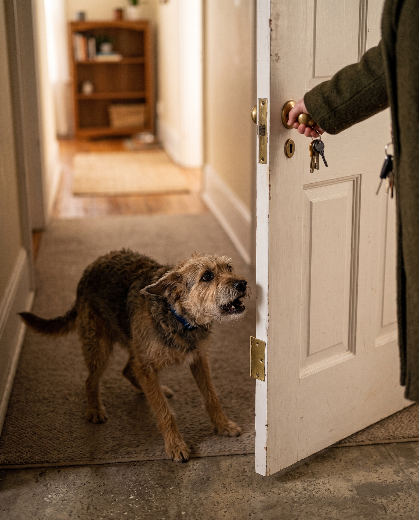 A warm home entryway with an anxious rescue dog watching her owner reach for the door