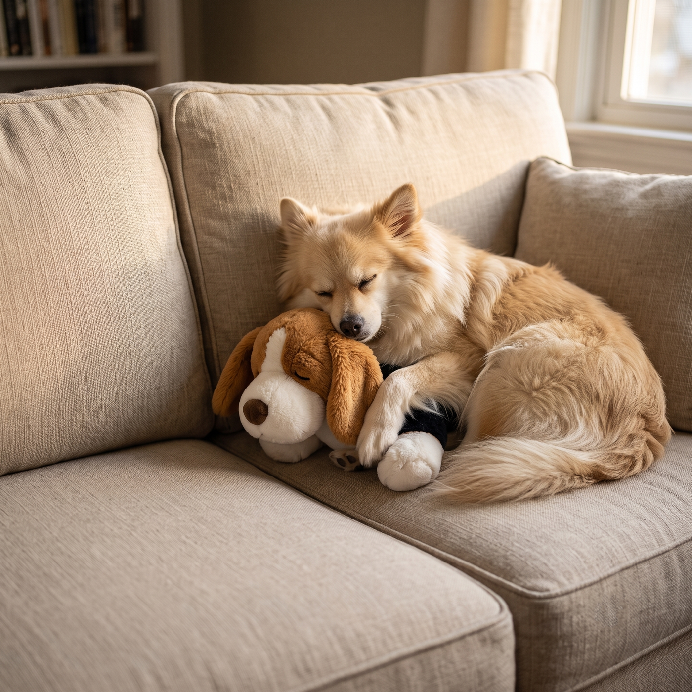 The same dog later, curled calmly around the Hartley plush on the couch, an empty seat beside it