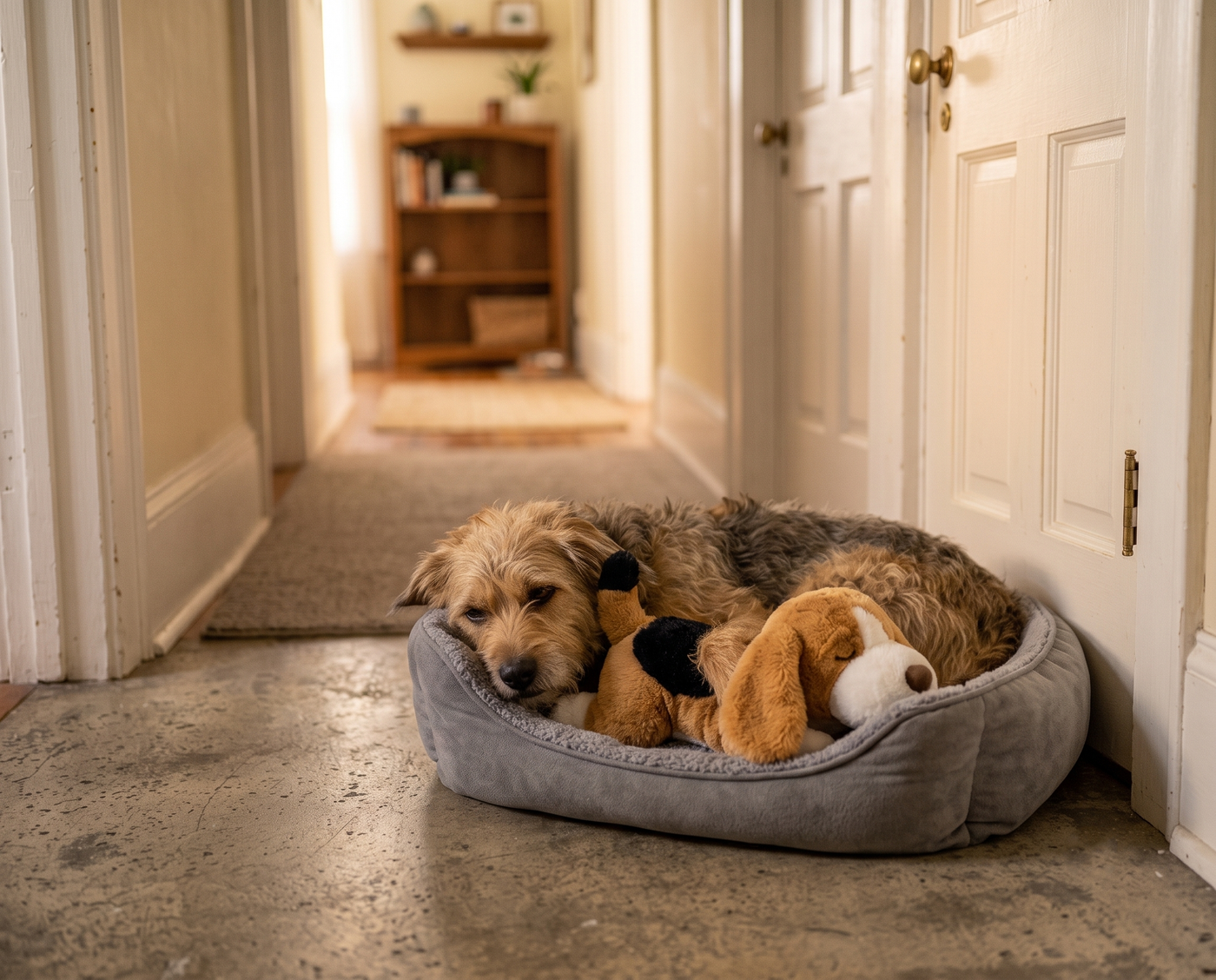 The same rescue dog later, calm and settled, curled against the Hartley plush