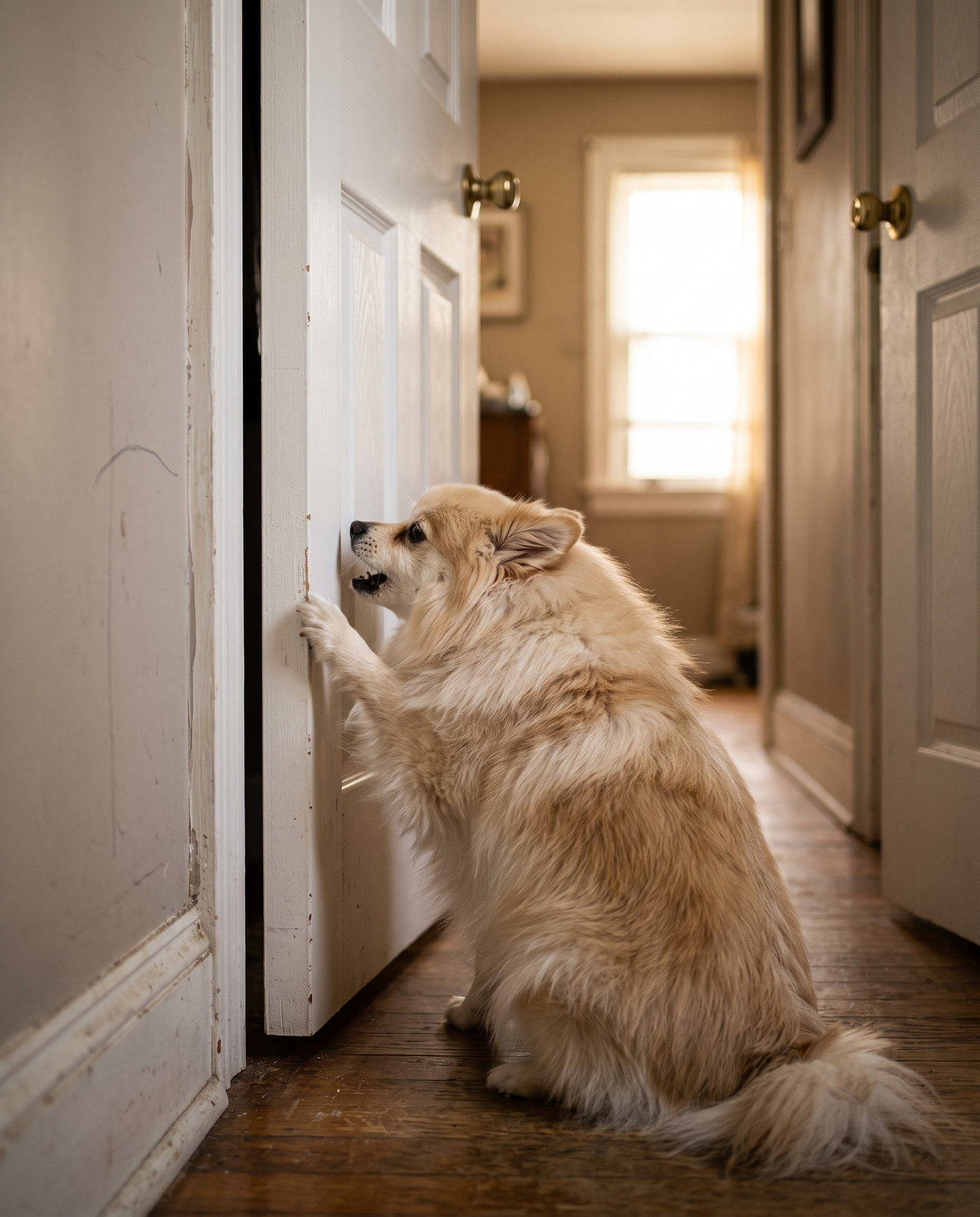 A dog scratching and whining at a cracked-open bathroom door